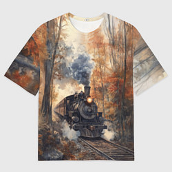 Мужская футболка оверсайз Паровоз в осеннем лесу