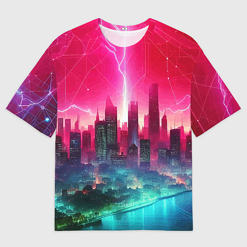Мужская футболка оверсайз Неоновая гроза в мегаполисе - удар молнии / 3D-принт – фото 1