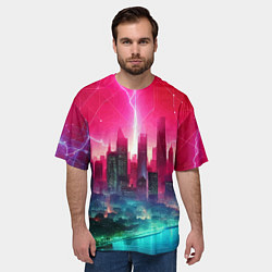 Футболка оверсайз мужская Неоновая гроза в мегаполисе - удар молнии, цвет: 3D-принт — фото 2