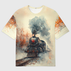 Мужская футболка оверсайз Ретро паровоз с красной звездой