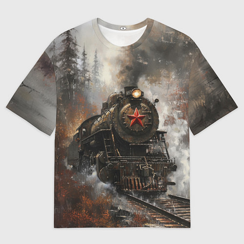 Мужская футболка оверсайз Паровоз в осеннем лесу / 3D-принт – фото 1