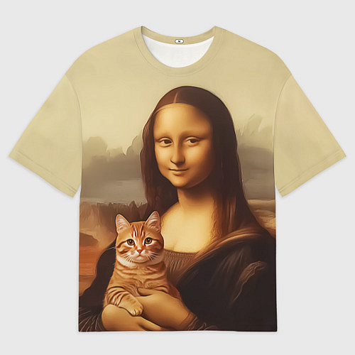 Мужская футболка оверсайз Мона Лиза и кот - винтажные цвета / 3D-принт – фото 1