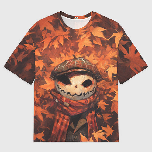 Мужская футболка оверсайз Тыквинный Джек в кепке и шарфе / 3D-принт – фото 1