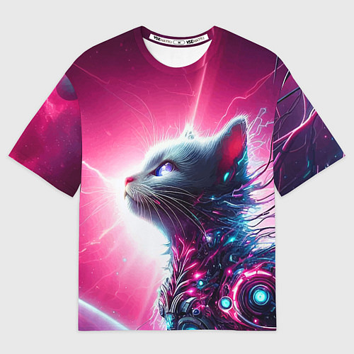 Мужская футболка оверсайз Космический кибер котёнок - неоновое свечение / 3D-принт – фото 1