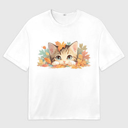 Футболка оверсайз мужская Котёнок в листьях, цвет: 3D-принт