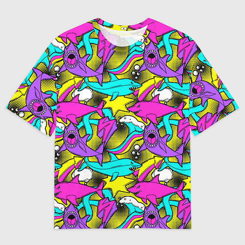 Мужская футболка оверсайз Цветные акулы паттерн / 3D-принт – фото 1