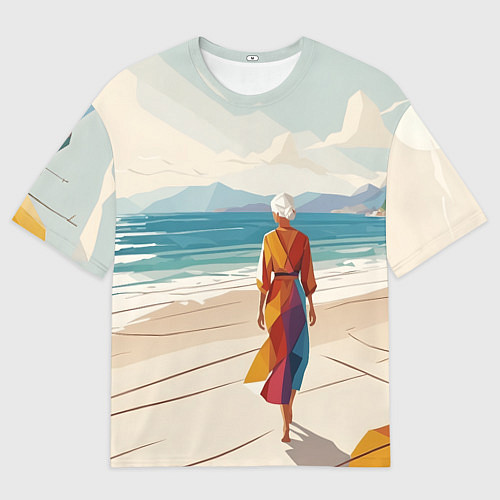 Мужская футболка оверсайз Летний пейзаж с женщиной на пляже / 3D-принт – фото 1