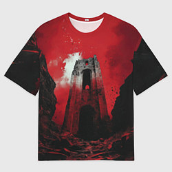 Мужская футболка оверсайз Забытая башня в красных тонах