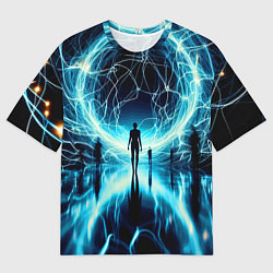 Мужская футболка оверсайз Человек и неоновая планета - нейроарт