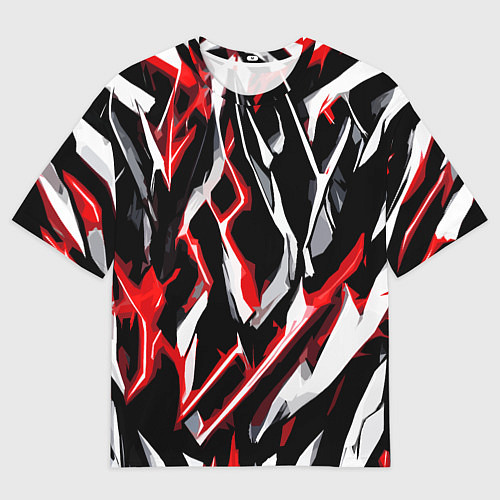 Мужская футболка оверсайз Красно-белые агрессивные полосы на чёрном фоне / 3D-принт – фото 1