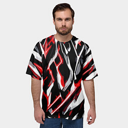 Футболка оверсайз мужская Красно-белые агрессивные полосы на чёрном фоне, цвет: 3D-принт — фото 2