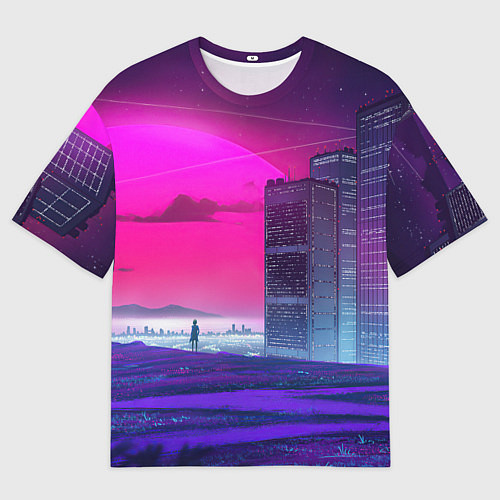 Мужская футболка оверсайз Synthwave неоновый город / 3D-принт – фото 1