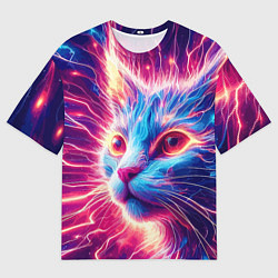 Мужская футболка оверсайз Неоновая мордочка котёнка - нейроарт элетро кот
