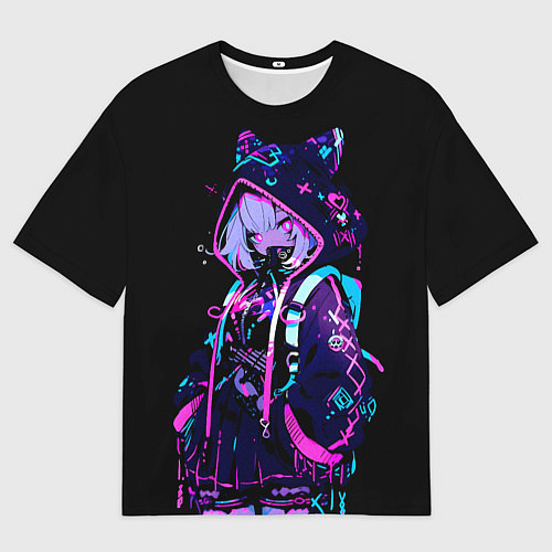 Мужская футболка оверсайз Девушка неоновая кошка / 3D-принт – фото 1
