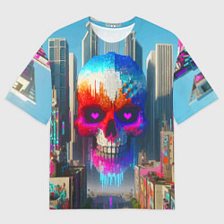 Мужская футболка оверсайз Цветной череп в мегаполисе - нейроарт