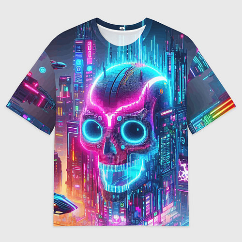 Мужская футболка оверсайз Neon skull in metropolis - future / 3D-принт – фото 1