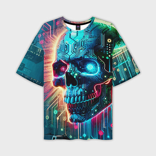 Мужская футболка оверсайз Cool cyber skull - neon glow / 3D-принт – фото 1