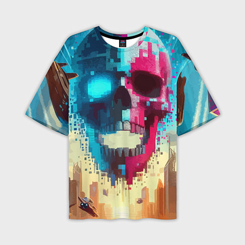 Мужская футболка оверсайз Cool vanguard neon cyber skull - ai art / 3D-принт – фото 1