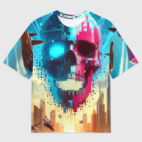 Мужская футболка оверсайз Cool vanguard neon cyber skull - ai art / 3D-принт – фото 1