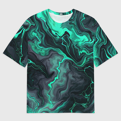 Мужская футболка оверсайз Бирюзовый мрамор на черном фоне / 3D-принт – фото 1