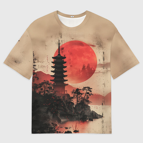Мужская футболка оверсайз Башня на фоне алого заката - Япония / 3D-принт – фото 1
