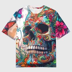 Мужская футболка оверсайз Орнаментальный череп с тремя бабочками - граффити