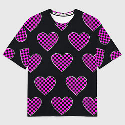 Футболка оверсайз мужская Эмо клетчатый паттерн - сердце черно розовое, цвет: 3D-принт