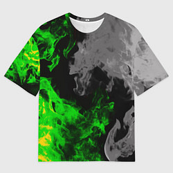 Футболка оверсайз мужская Зелёный и чёрный огонь, цвет: 3D-принт