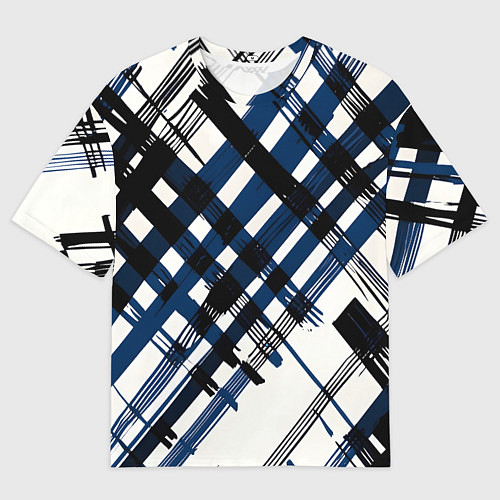 Мужская футболка оверсайз Косая клетка бело-синяя / 3D-принт – фото 1