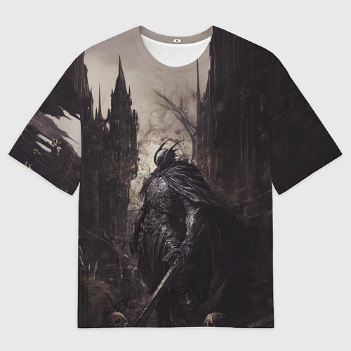 Мужская футболка оверсайз Тёмный рыцарь на фоне готической крепости / 3D-принт – фото 1