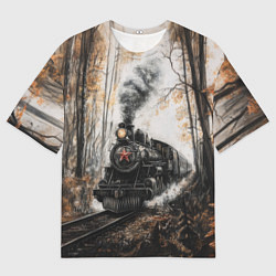Мужская футболка оверсайз Паровоз со звездой в осеннем лесу