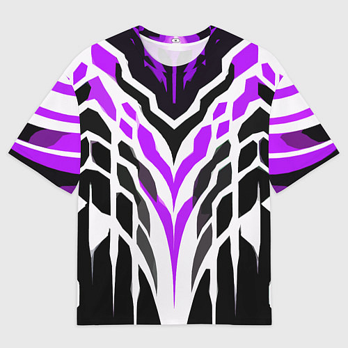 Мужская футболка оверсайз Агрессивные фиолетово-белые полосы на чёрном фоне / 3D-принт – фото 1