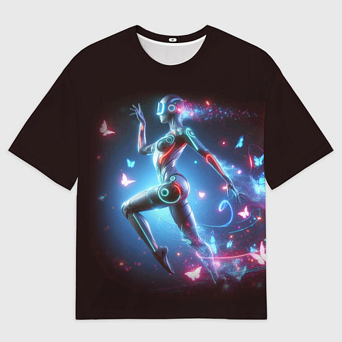 Мужская футболка оверсайз Cyber girl and butterflies - neon glow fantasy / 3D-принт – фото 1