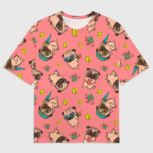 Мужская футболка оверсайз Забавные мопсы паттерн / 3D-принт – фото 1