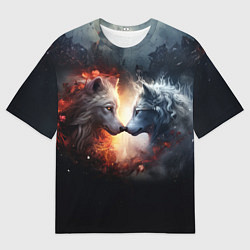 Мужская футболка оверсайз Влюбленные волки огонь и лед
