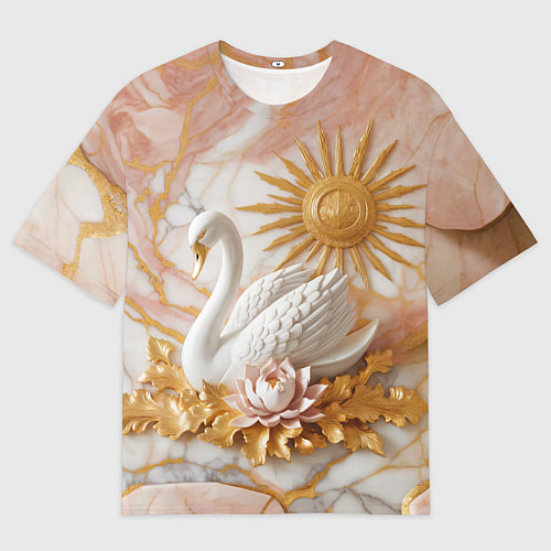 Мужская футболка оверсайз Фарфоровый лебедь и солнце на розовом мраморе / 3D-принт – фото 1