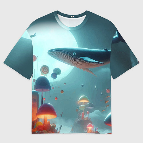Мужская футболка оверсайз Плывущий по небу кит среди грибов - фантазия / 3D-принт – фото 1