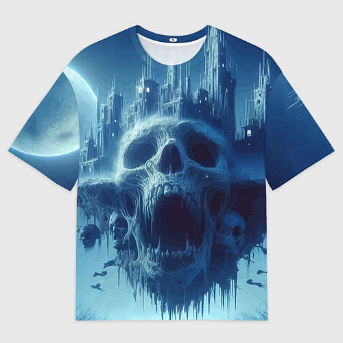 Мужская футболка оверсайз Фантастический череп и сказочный город под луной / 3D-принт – фото 1