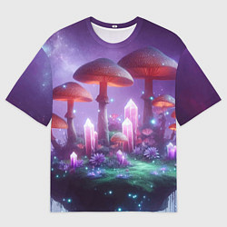 Футболка оверсайз мужская Неоновые грибы и кристаллы в космосе - фантазия, цвет: 3D-принт