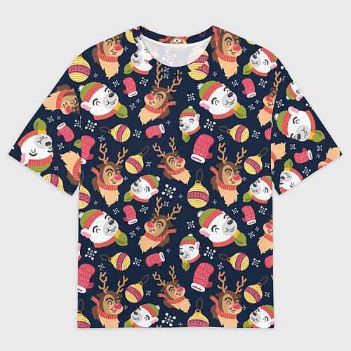 Мужская футболка оверсайз Новогодний детский паттерн с животными / 3D-принт – фото 1