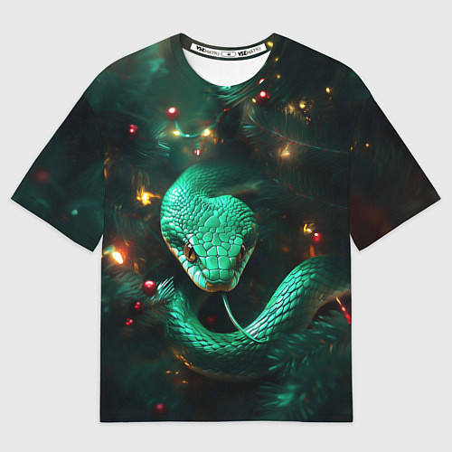 Мужская футболка оверсайз Зелёная новогодняя змея / 3D-принт – фото 1