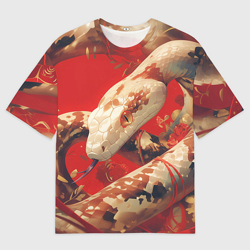Мужская футболка оверсайз Змея на красном фоне / 3D-принт – фото 1