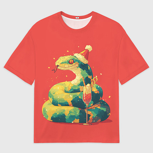 Мужская футболка оверсайз Новогодняя змея с бокалом шампанского / 3D-принт – фото 1