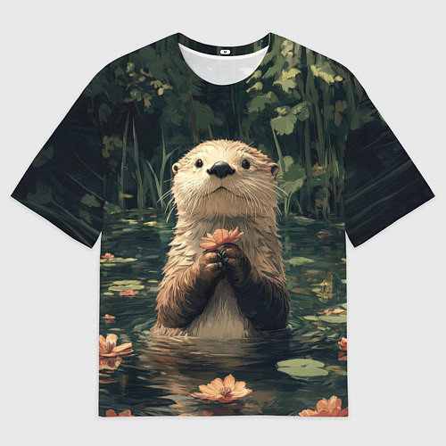 Мужская футболка оверсайз Выдра в лесном пруду / 3D-принт – фото 1