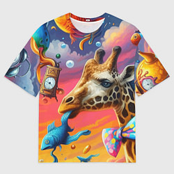 Мужская футболка оверсайз Жираф в бабочке держит во рту рыбу - сюрреализм