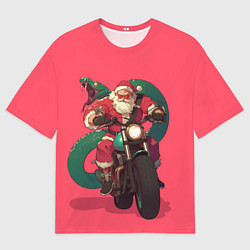 Футболка оверсайз мужская Дед Мороз на мотоцикле с змеёй за спиной, цвет: 3D-принт