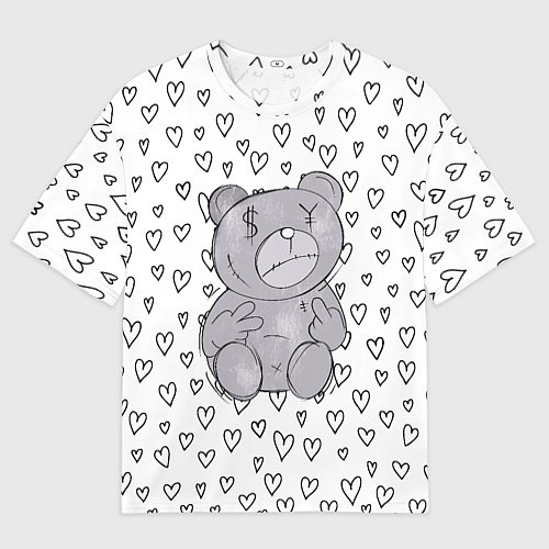 Мужская футболка оверсайз Злой медвежонок черные сердца / 3D-принт – фото 1