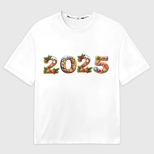 Мужская футболка оверсайз Надпись новогодняя 2025 из пряников / 3D-принт – фото 1