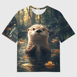 Мужская футболка оверсайз Выдра в летнем пруду