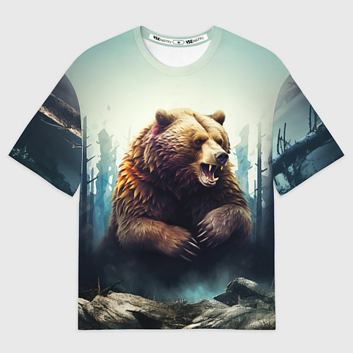 Мужская футболка оверсайз Агрессивный бурый медведь / 3D-принт – фото 1